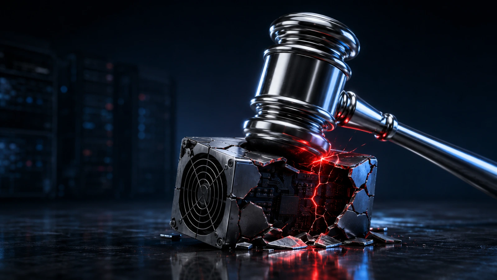 Chrome judge’s gavel strikes a cracked crypto-mining unit, symbolizing the SEC’s alleged fraud lawsuit