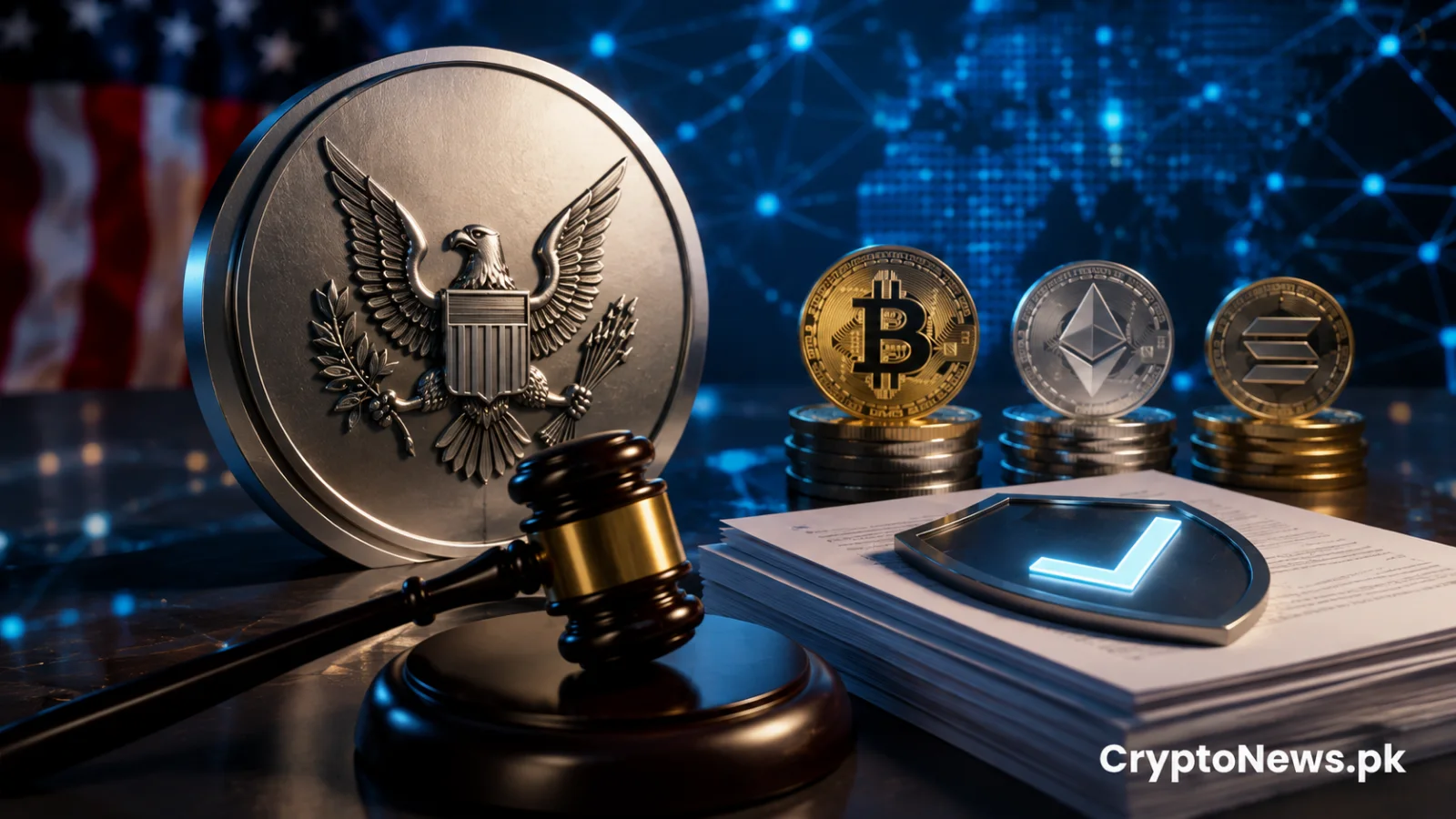 SEC crypto regulation concept with a judge’s gavel, digital assets, and compliance symbols representing a new framework for crypto asset securities.