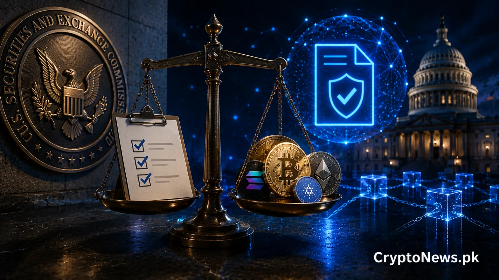 SEC regulation concept with scales of justice, crypto assets and compliance symbols, illustrating a proposed framework to clarify digital asset classification.