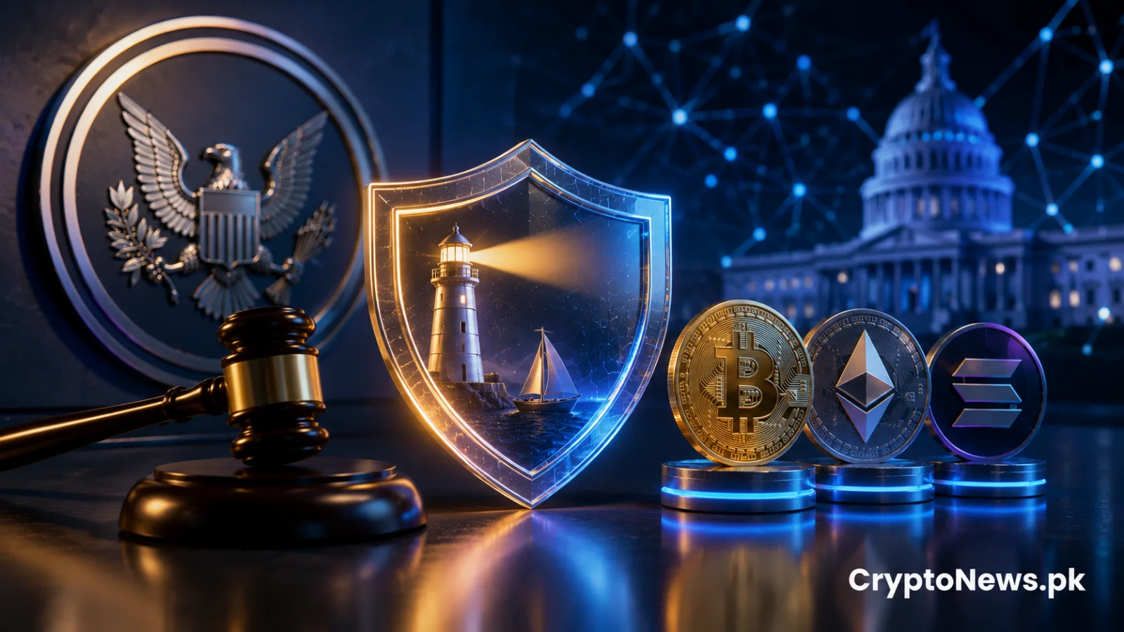 SEC regulatory shift and potential crypto token safe harbor rules represented by a gavel, protective shield, and major digital assets.