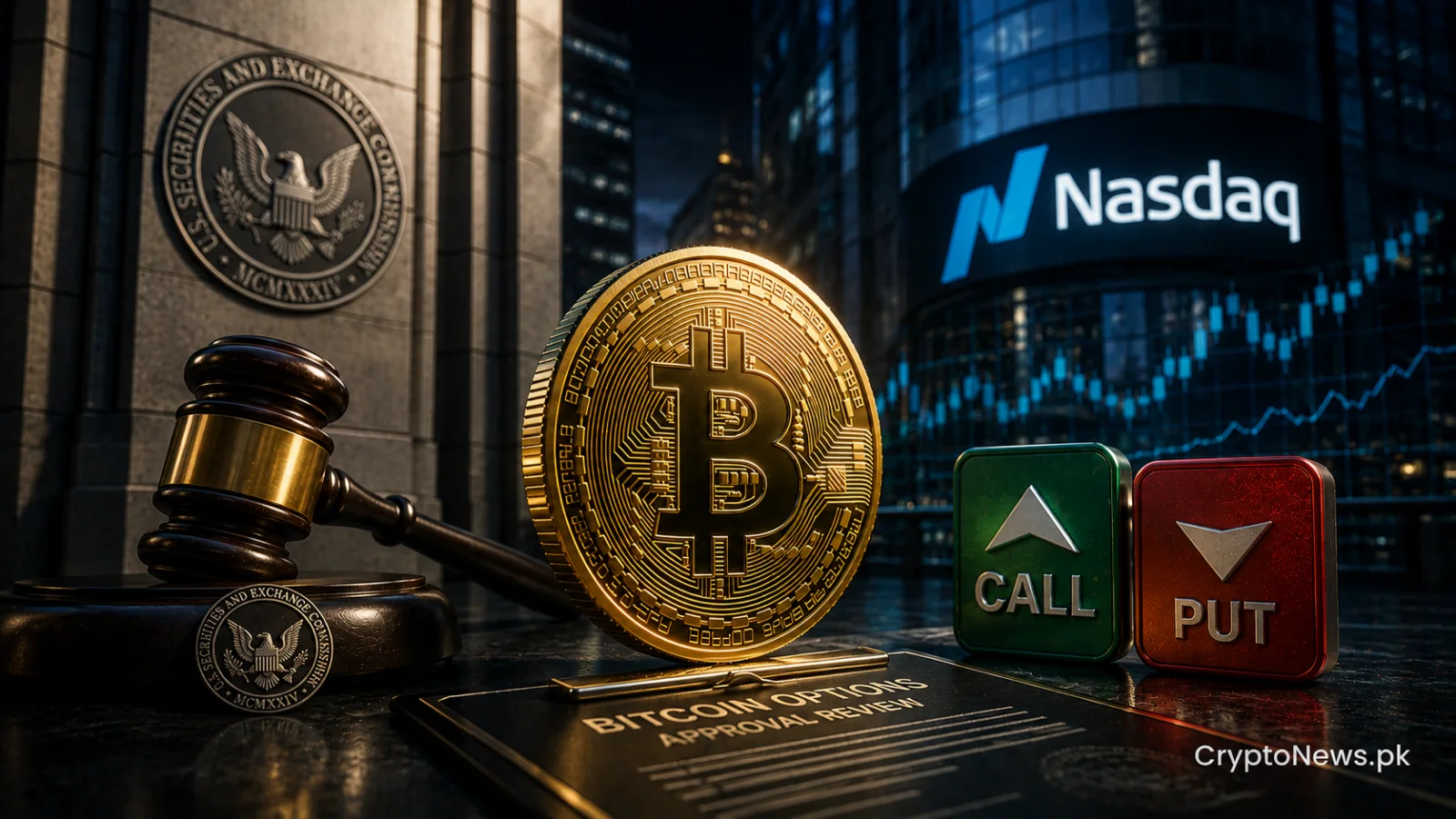 A polished Bitcoin coin between a judge’s gavel and institutional market symbols, representing the SEC review of Nasdaq Bitcoin options.