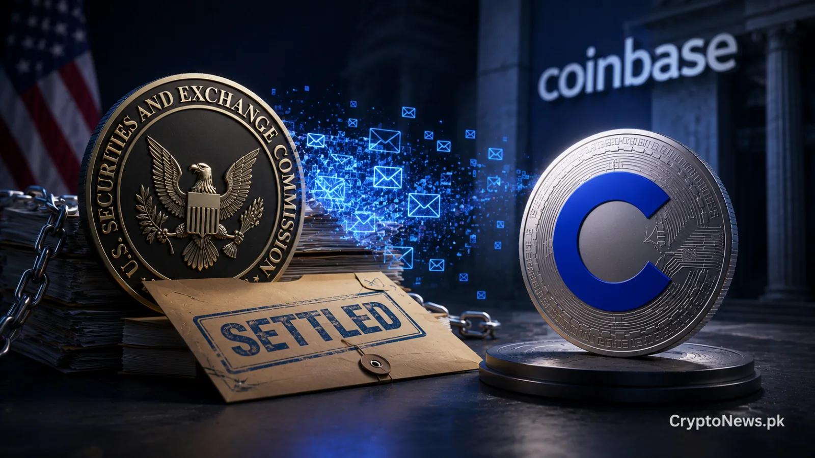 Regulatory seal, missing digital messages, and a blue crypto exchange token representing the SEC’s procedural settlement in the Coinbase case