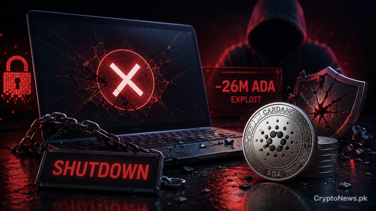 Cracked Cardano coin, broken security shield and shutdown symbol representing SecondFi’s closure after a major ADA wallet exploit.