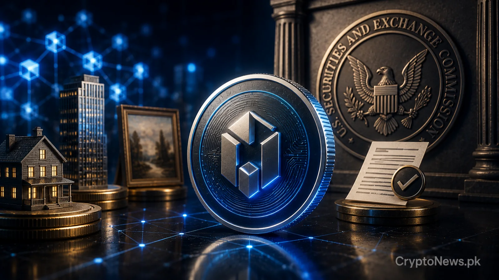 Metallic real-world asset token secured inside a regulated digital vault, symbolizing Securitize Capital’s SEC registration and expansion of institutional tokenized investments.