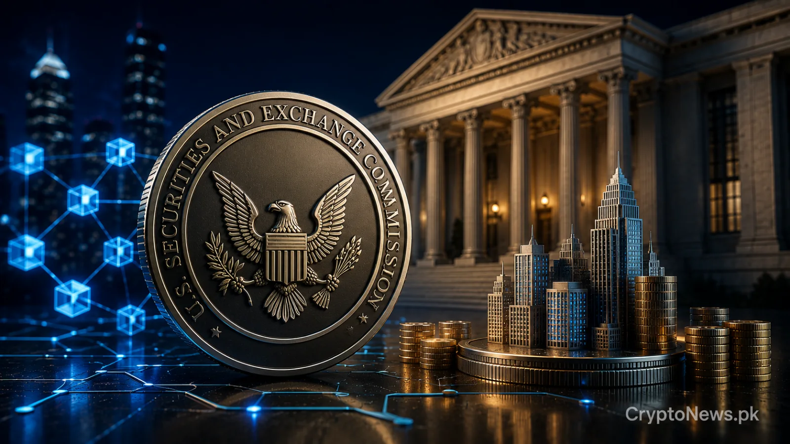 Metallic real-world asset token inside a regulated institutional vault, symbolizing Securitize’s SEC adviser license and expansion of compliant tokenized investments.
