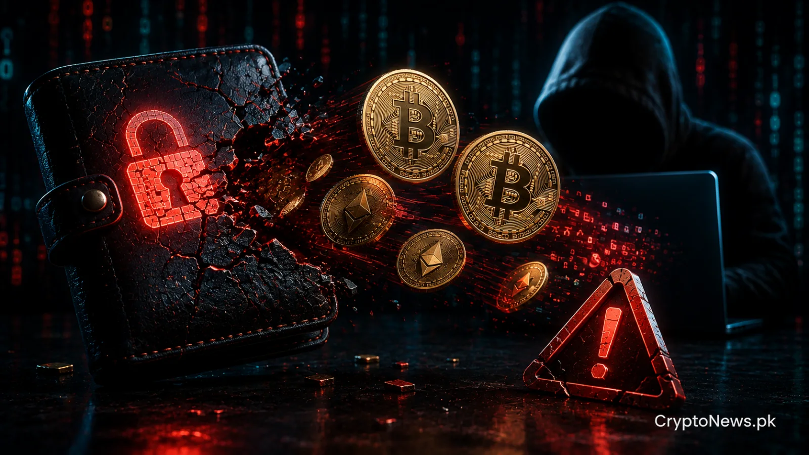 A cracked hardware wallet beside scattered Bitcoin coins and a broken digital shield, symbolizing the $70 million Coldcard exploit.