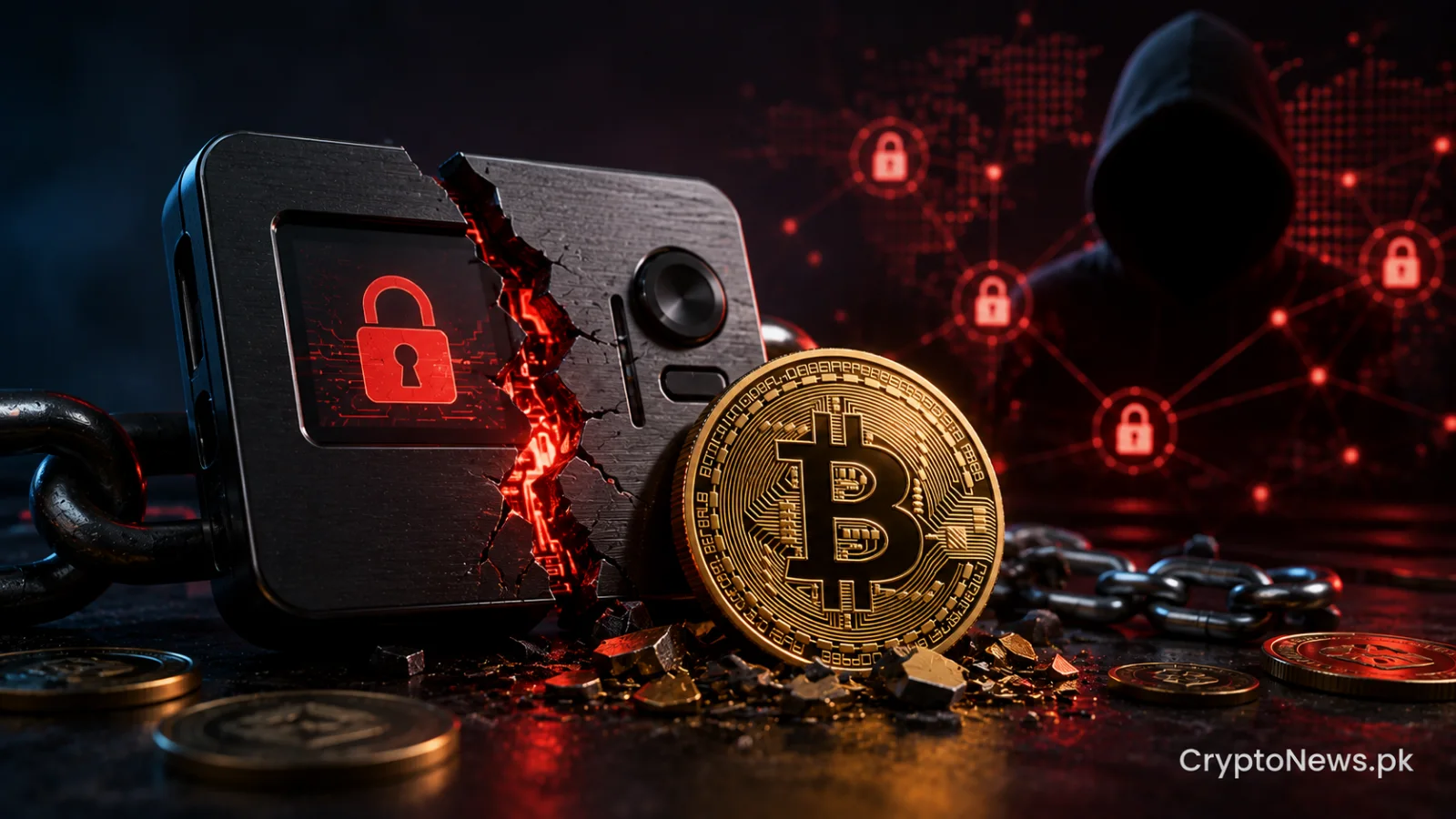 A cracked hardware wallet and broken digital shield with Bitcoin coins spilling out, symbolizing an $89 million cold-wallet security breach.