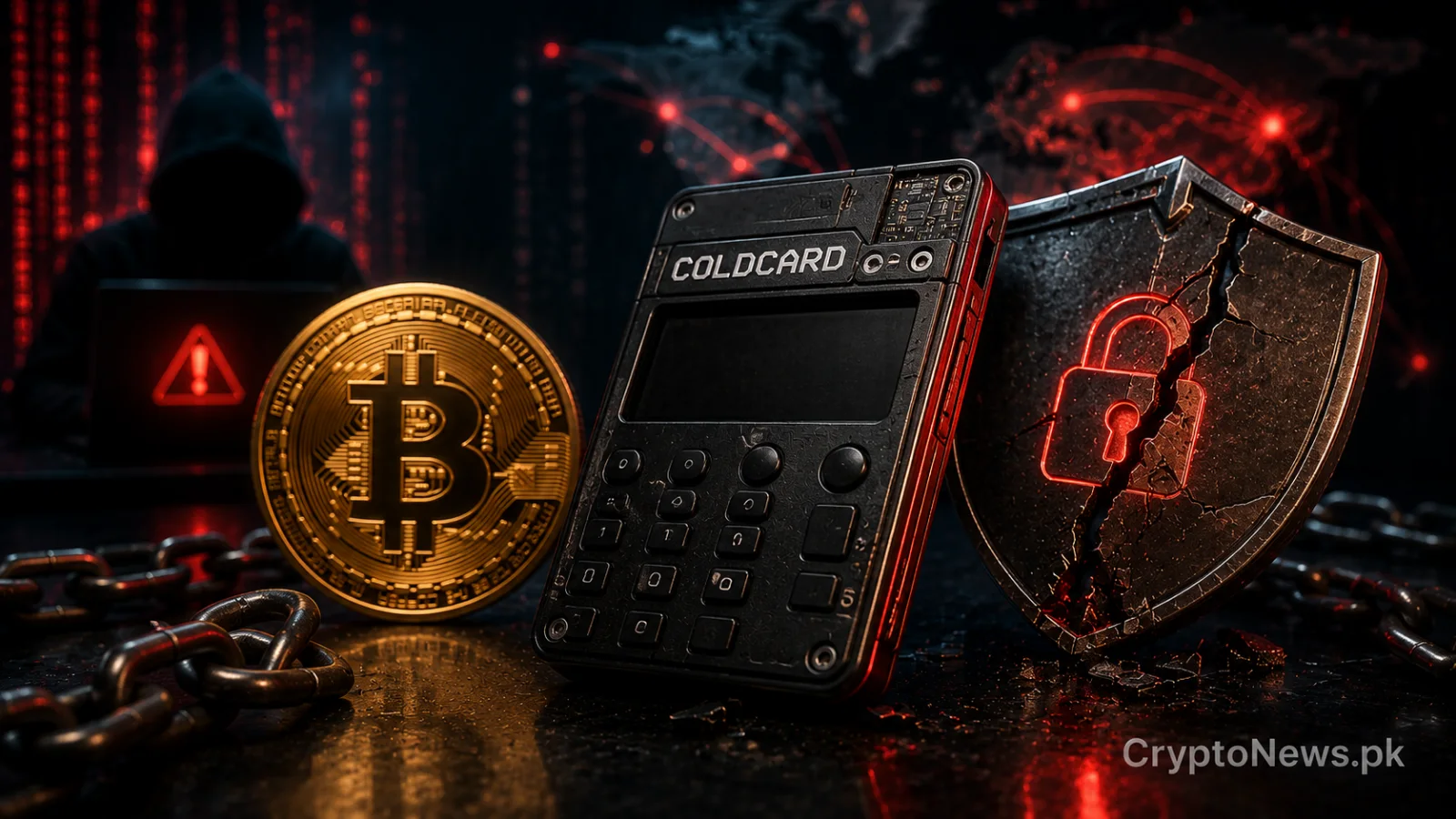 Cracked hardware wallet and exposed Bitcoin keys highlighting Coldcard self-custody security risks.