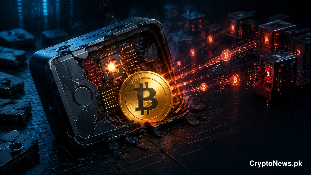 Bitcoin being drained from a compromised cold-storage hardware wallet after a critical security flaw.
