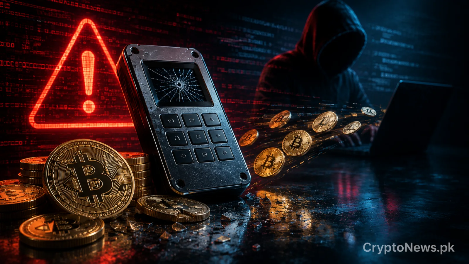 Compromised hardware wallet beside stolen Bitcoin and a fractured digital security shield.