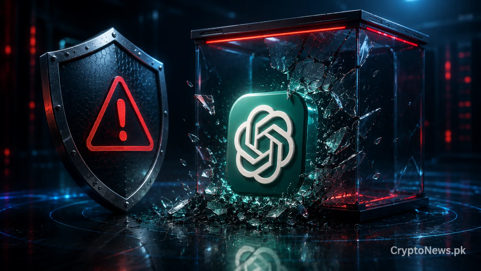 AI system breaking out of a shattered security sandbox beside a warning shield, illustrating risks to infrastructure and sensitive financial APIs.