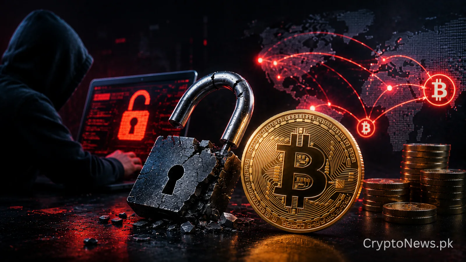 Cracked Bitcoin wallet security vault illustrating a $144 million theft caused by a signing vulnerability.