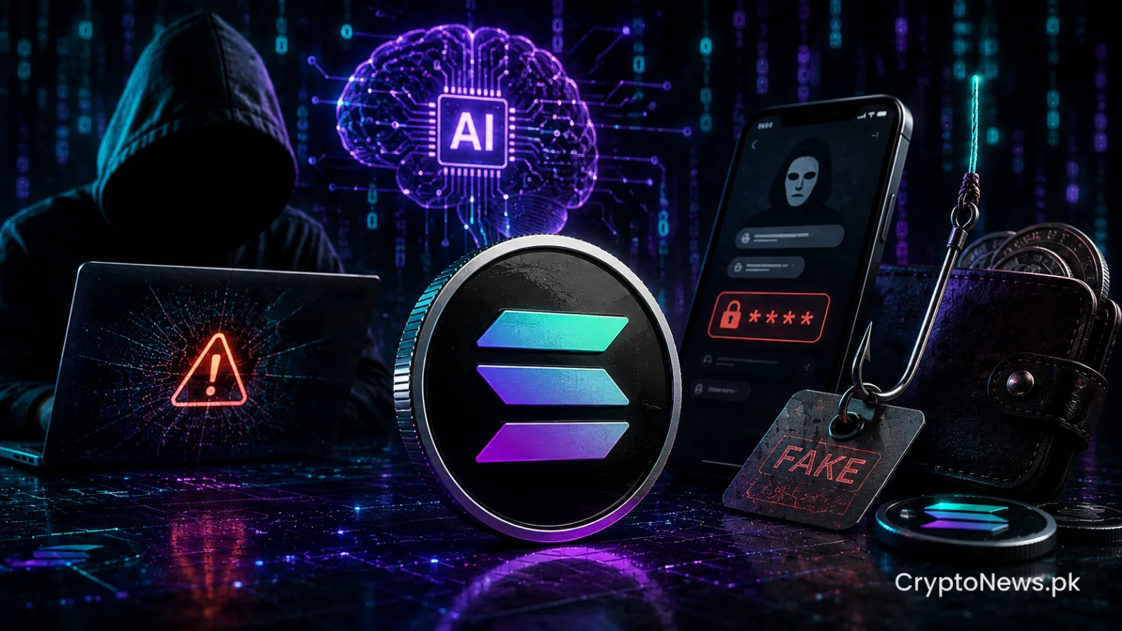 A metallic Solana coin beside a cracked digital shield and AI-generated face, symbolizing increasingly sophisticated crypto scams