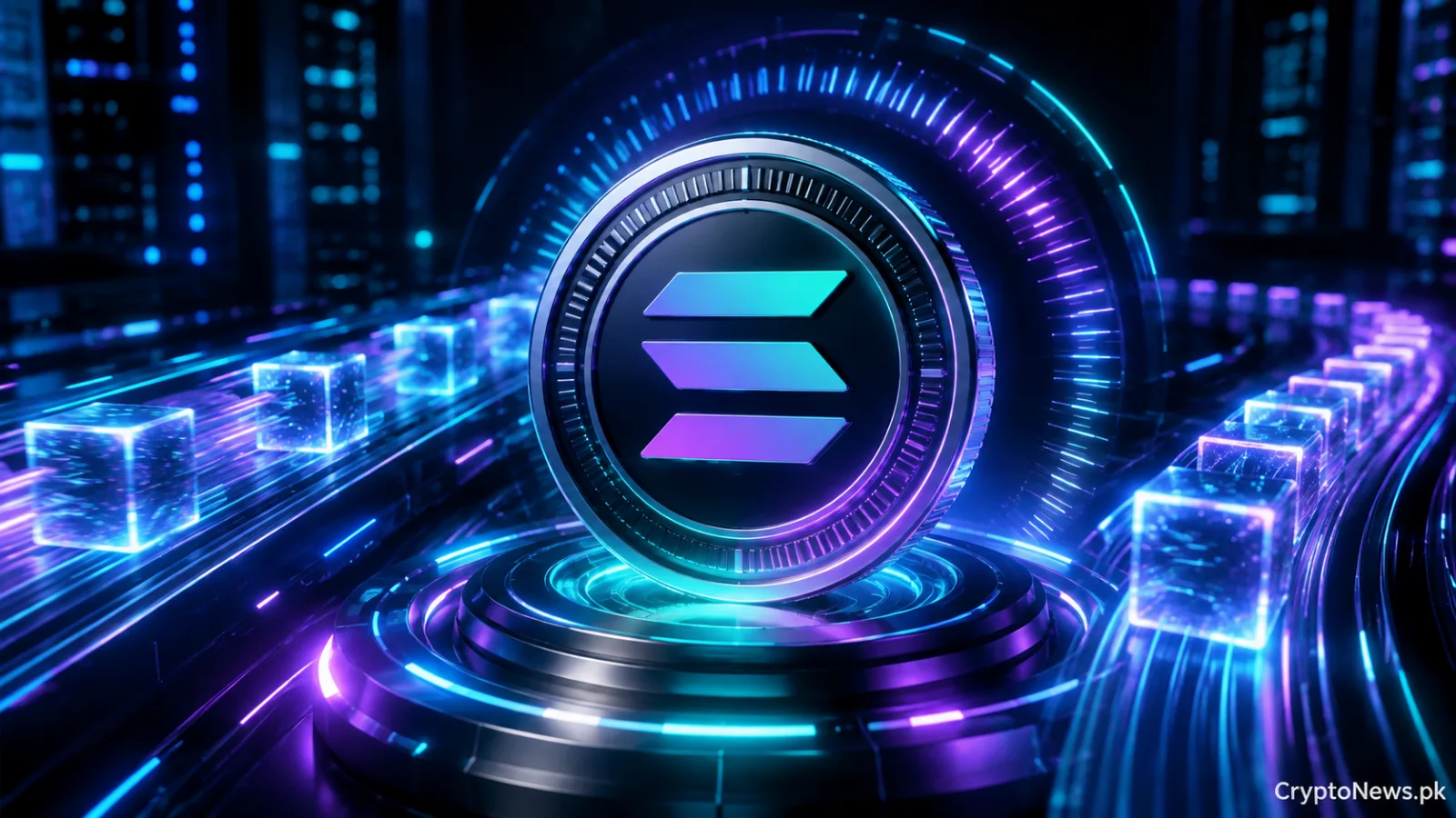 A glowing Solana coin surrounded by fast-moving blockchain data blocks and neon network trails, illustrating Solana’s reduced block timing and improved transaction speed.