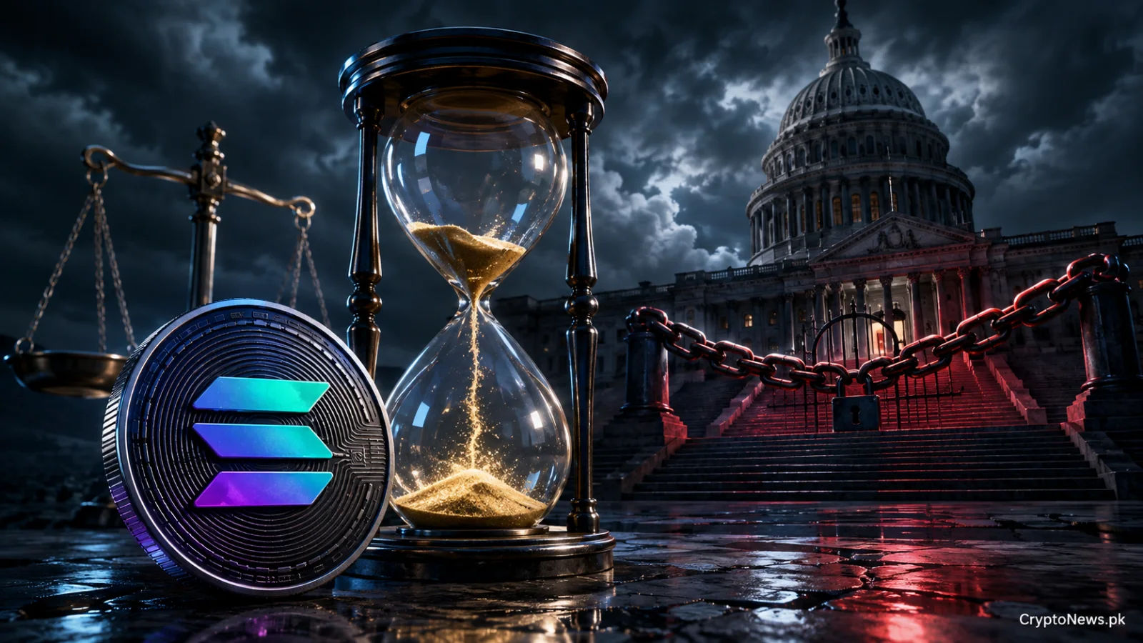 A Solana coin beside an expiring hourglass and chained US Capitol, symbolizing stalled crypto legislation.