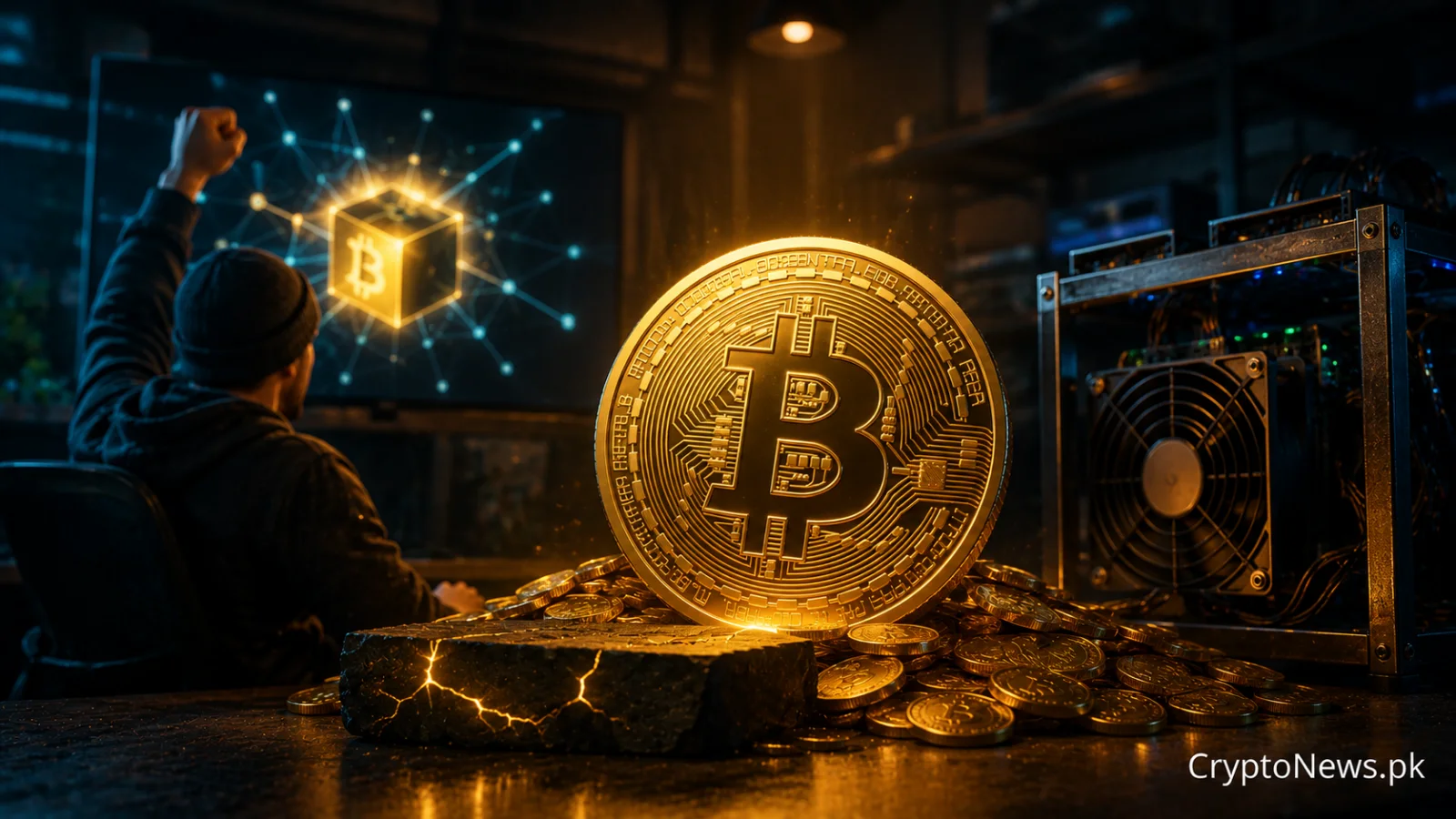 A lone Bitcoin mining machine discovers a glowing block reward, symbolizing an independent miner’s rare $200,000 win.