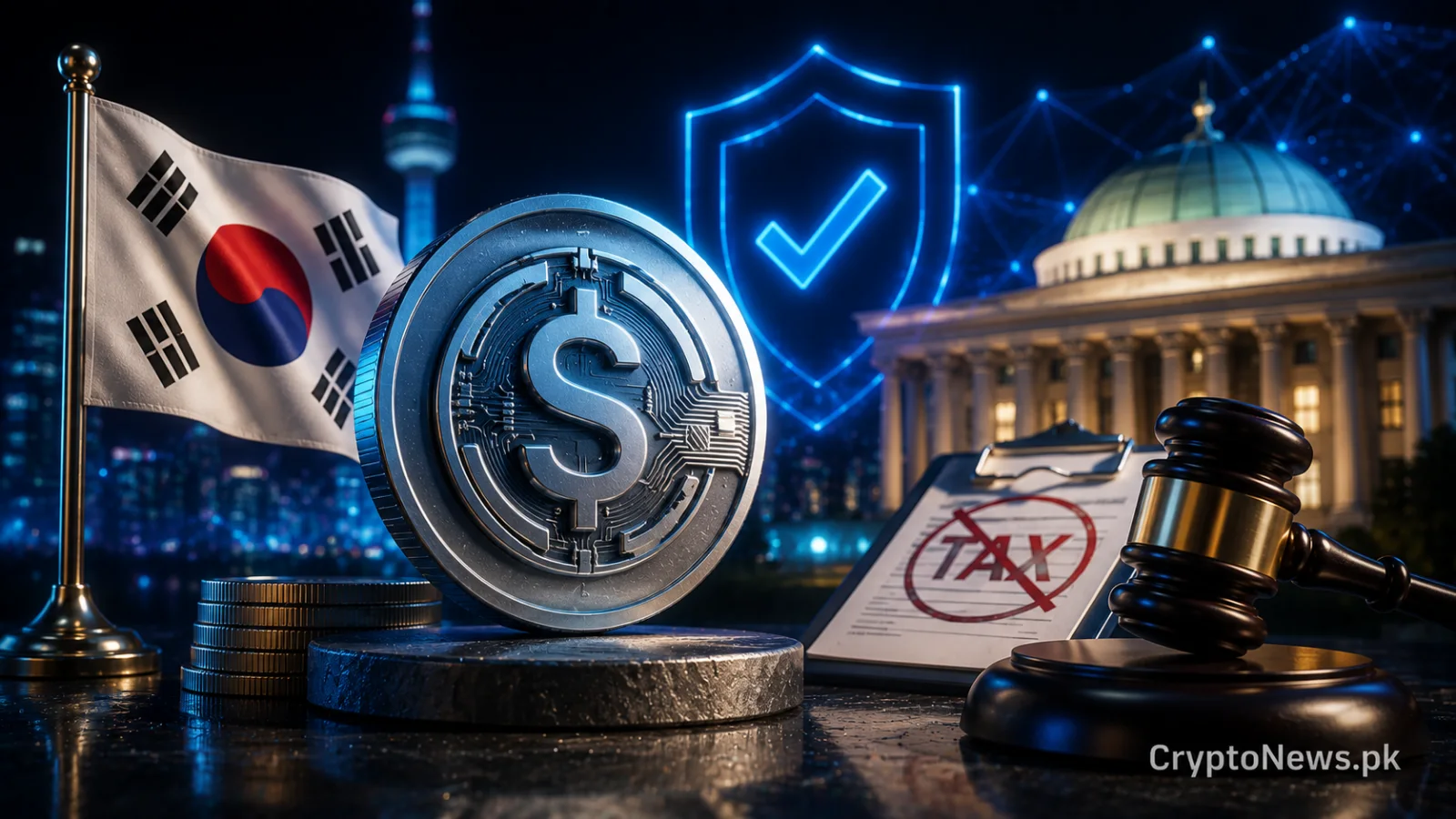 Stablecoin oversight and crypto tax reform in South Korea represented by a digital dollar coin, scales of justice and the Korean flag.