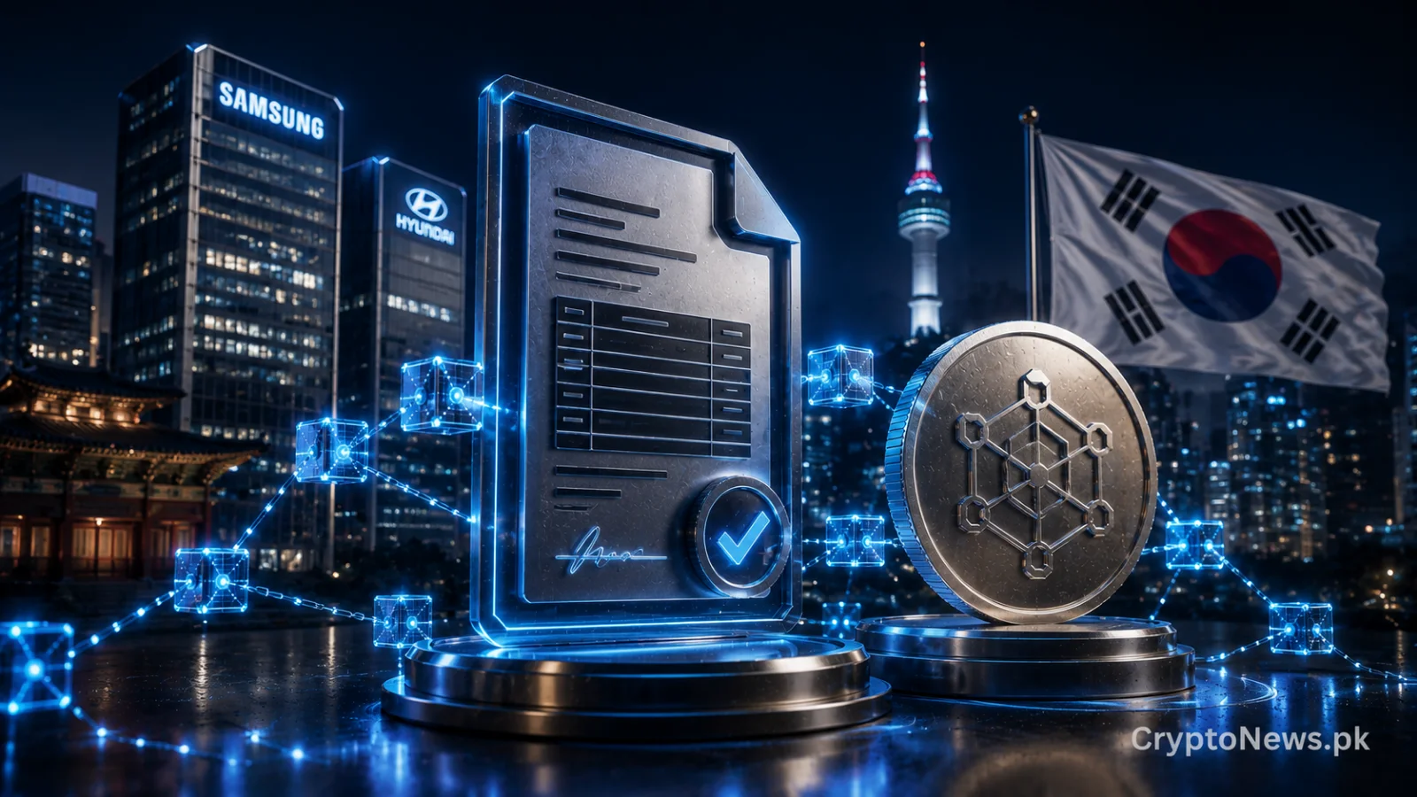 Glowing tokenized commercial invoice connected to the Injective blockchain and South Korean trade infrastructure.