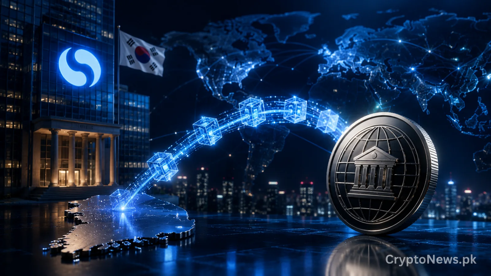 Metallic global banking network symbolizing Kookmin Bank’s adoption of JPMorgan blockchain for cross-border payments.