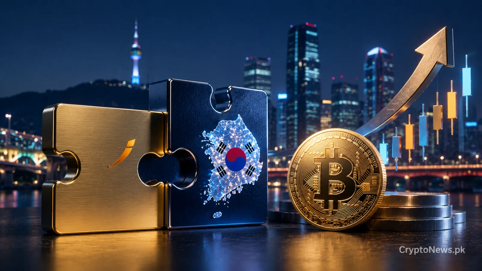 Institutional finance and Bitcoin puzzle pieces symbolizing Mirae Asset’s acquisition of South Korean crypto exchange Korbit.