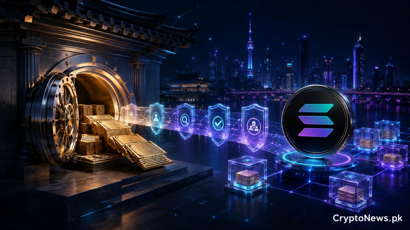 Korean institutional fund assets moving securely from a bank vault onto the Solana blockchain.