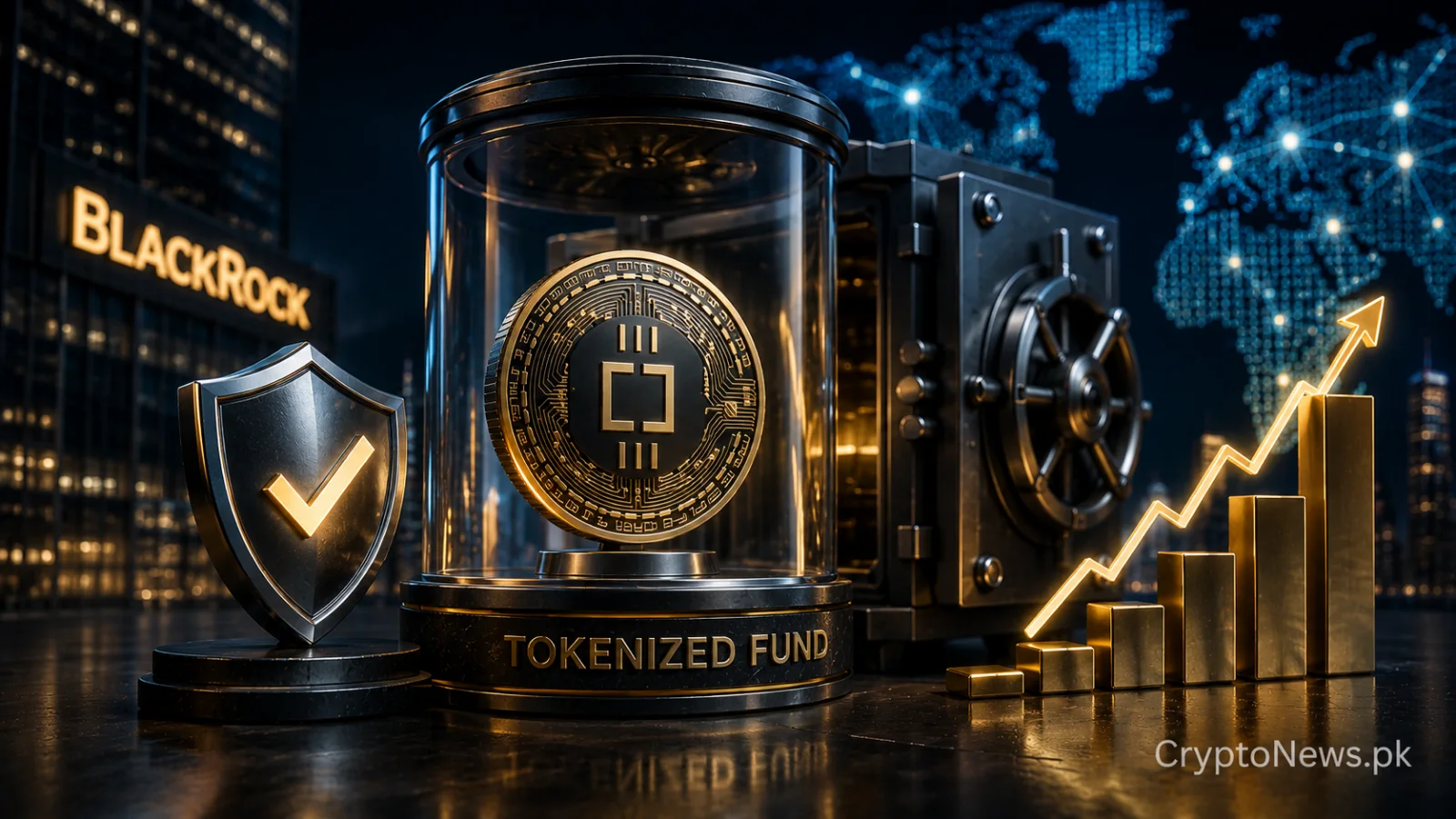 okenized fund coin beside a glowing institutional shield, illustrating BlackRock BUIDL receiving S&P Global’s top AAAm stability rating.