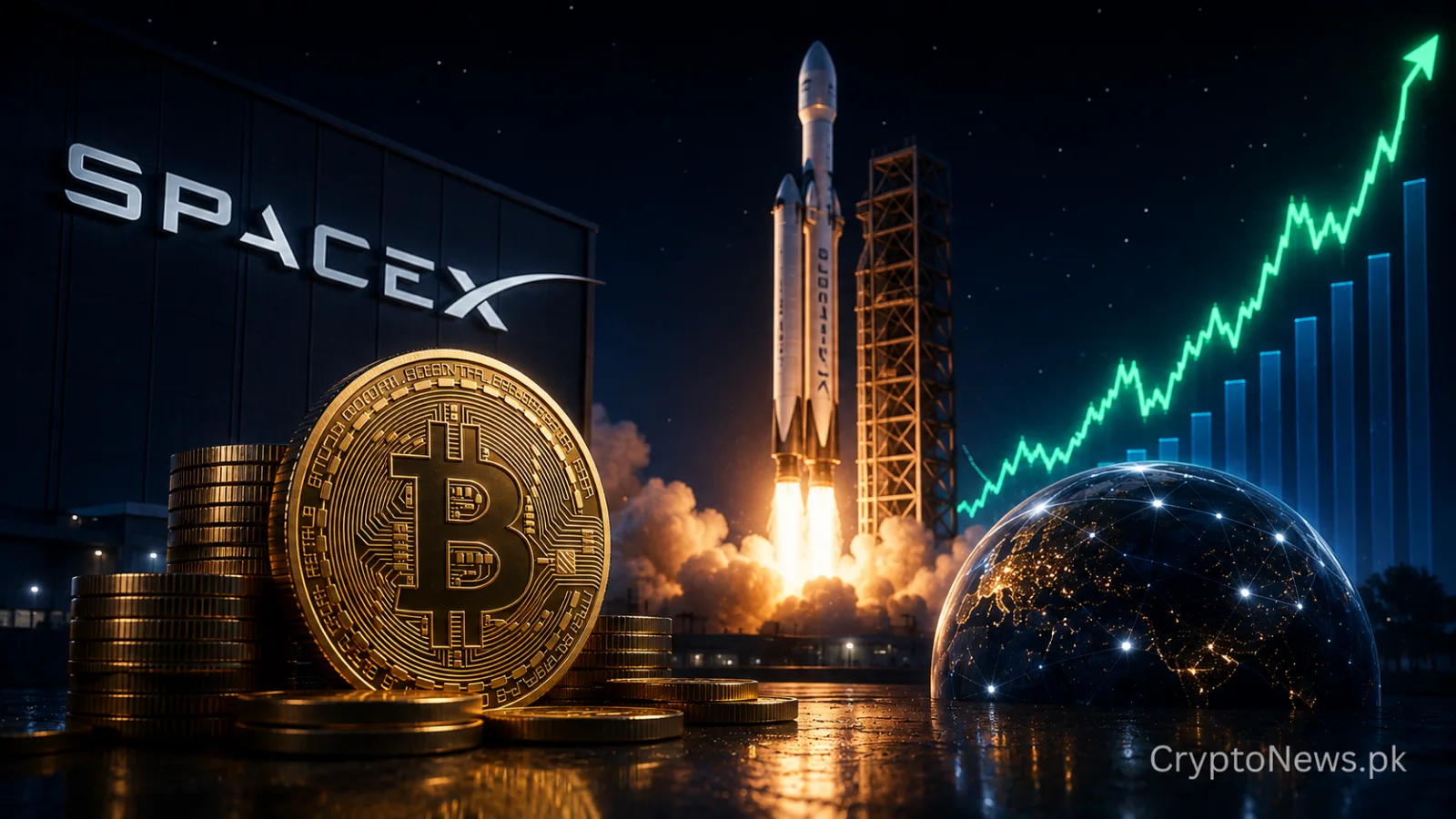 Bitcoin coin beside a rising space-industry revenue chart and descending valuation indicator, illustrating SpaceX growth despite a decline in its Bitcoin portfolio value.
