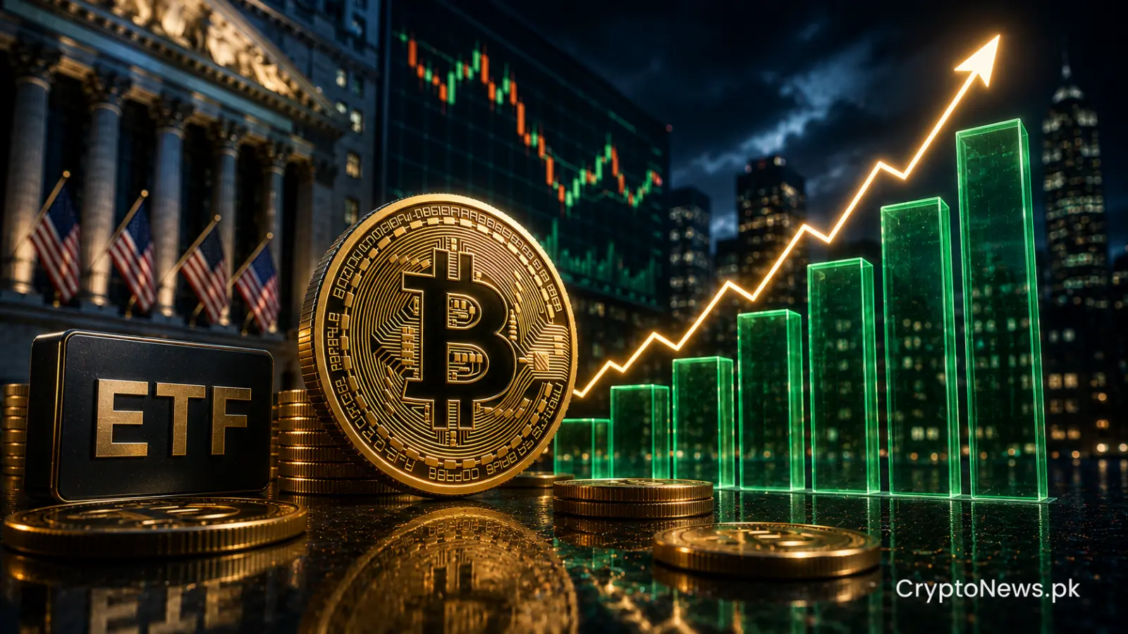 A polished Bitcoin coin beside an institutional ETF vault and volatile market chart, symbolizing positive July inflows despite late selling pressure.