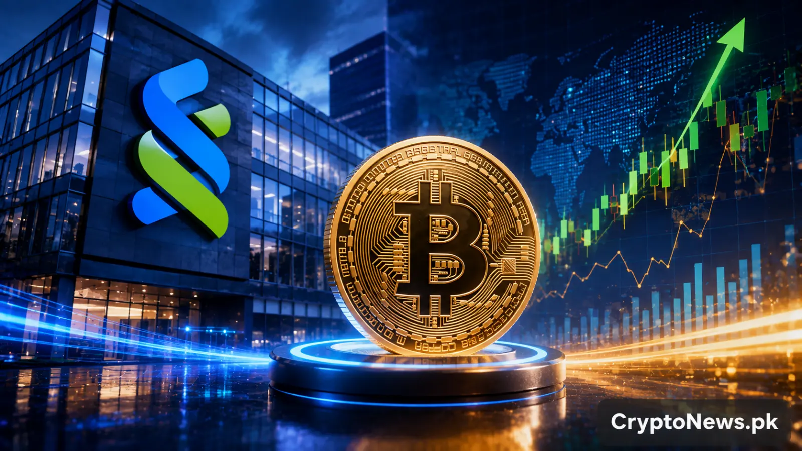 A gold Bitcoin coin in front of a major bank and rising market charts, illustrating Standard Chartered’s revised Bitcoin outlook amid improving ETF flows and shifting market momentum.
