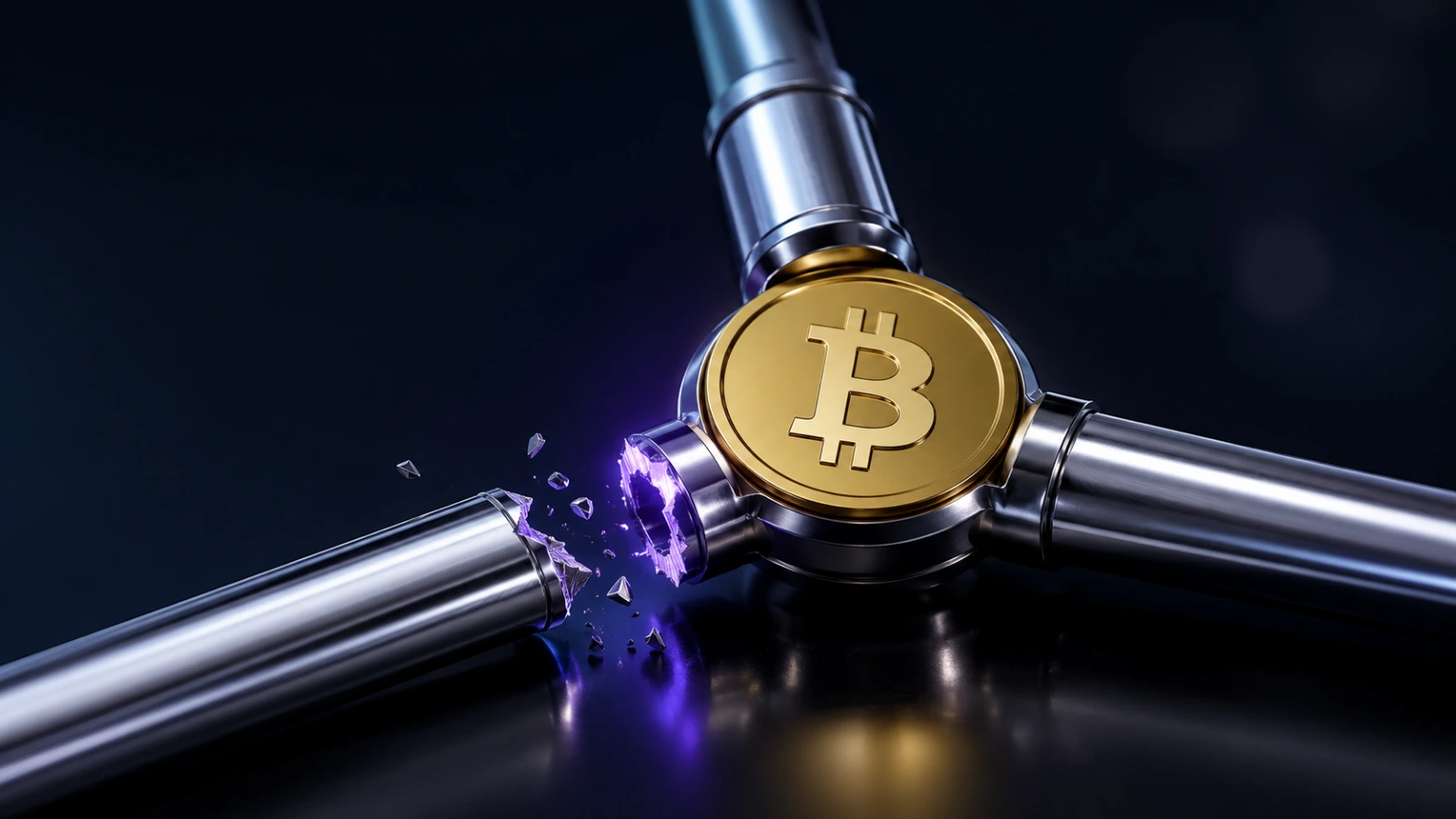Gold Bitcoin at a broken three-way junction symbolizes the collapsed Strike merger deal.