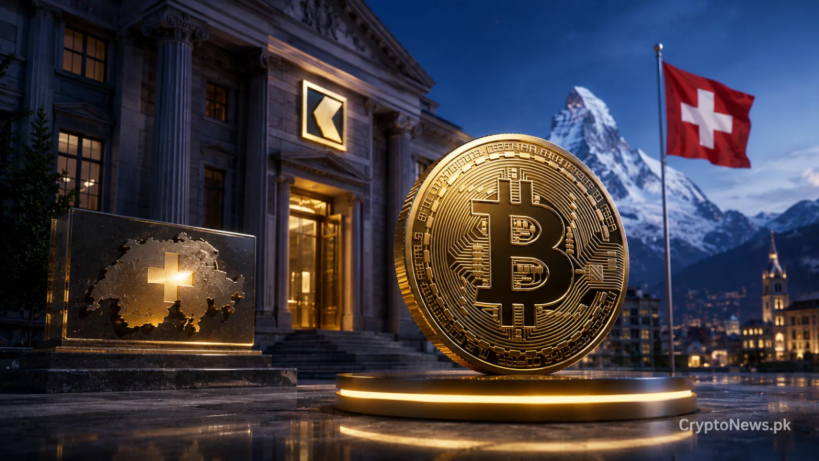 Swiss crypto bank vault merging with a public stock market bell, symbolizing AMINA Bank’s exploration of a potential listing with Cantor Fitzgerald.