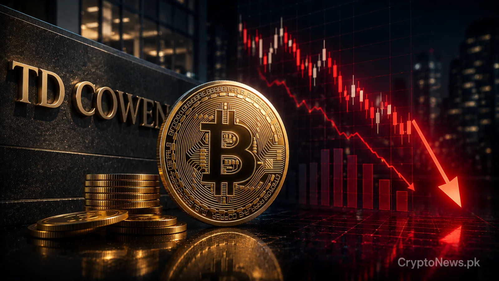Gold Bitcoin coin beside a falling institutional valuation chart, symbolizing TD Cowen’s sharp reduction of Nakamoto’s price target amid crypto market volatility.