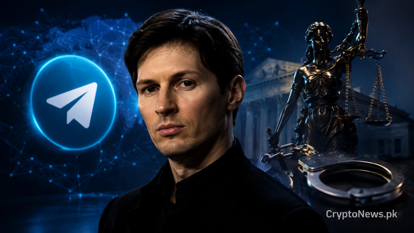 Pavel Durov pictured with Telegram, handcuffs and Lady Justice amid international legal pressure affecting TON and crypto communities.