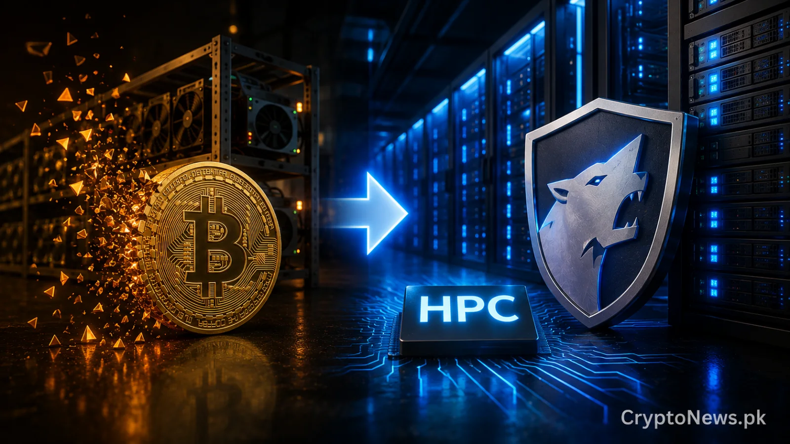 data center concept showing AI computing servers overtaking Bitcoin mining, symbolizing TeraWulf’s shift toward high-performance computing revenue.