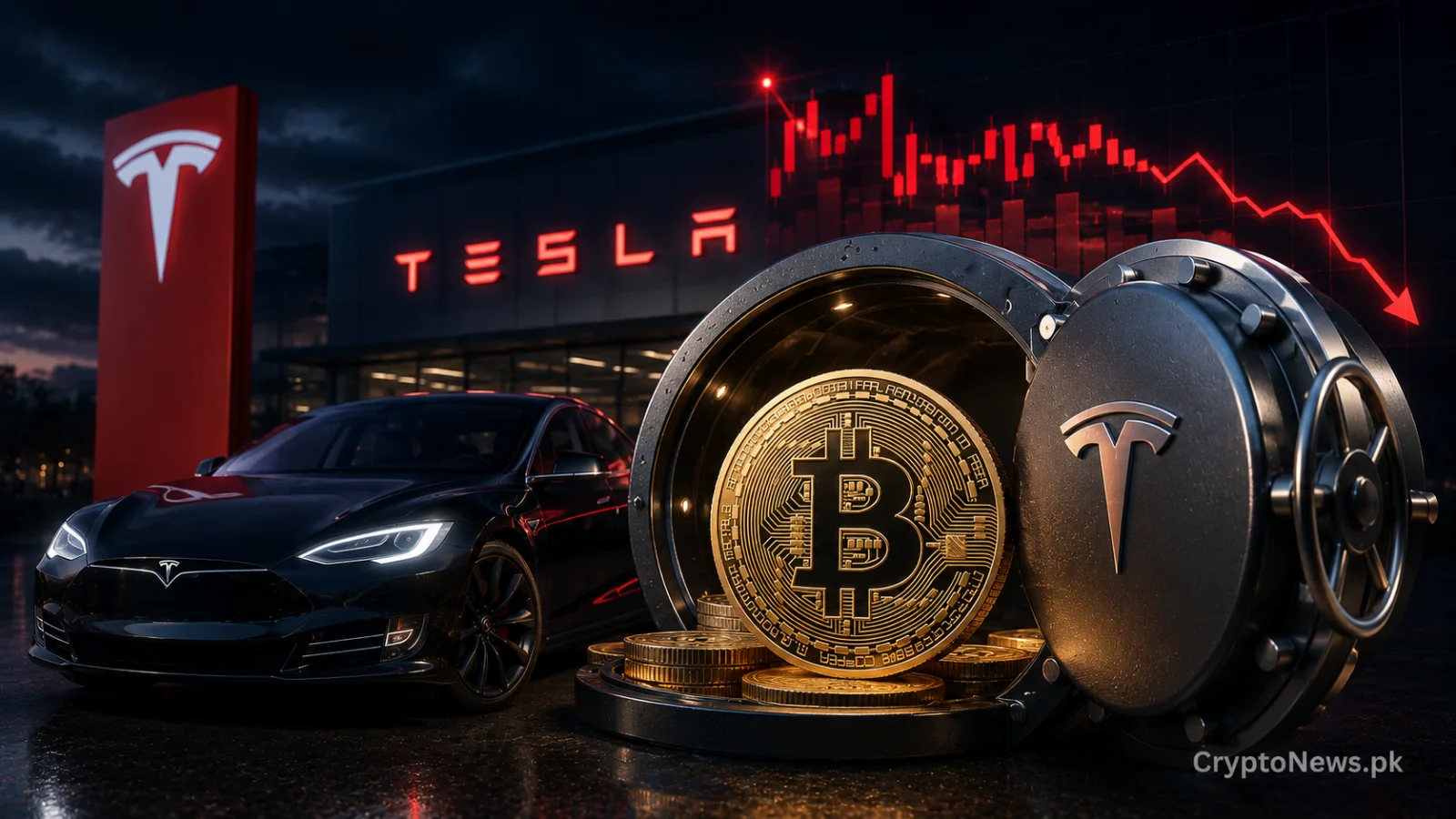 Golden Bitcoin held inside a corporate vault beside an electric vehicle and falling market chart, representing Tesla’s unchanged BTC treasury despite impairment losses