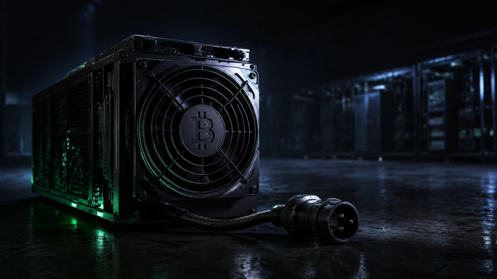 Disconnected Bitcoin mining machine representing Tether’s halted Uruguay operations.