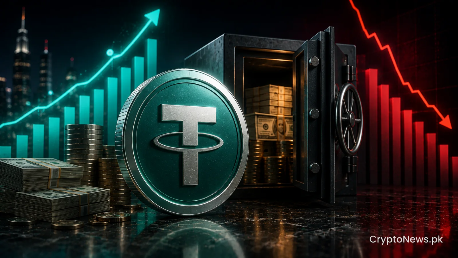 A polished USDT coin beside rising profits and a shrinking reserve shield, symbolizing Tether’s strong quarter and reduced safety cushion.