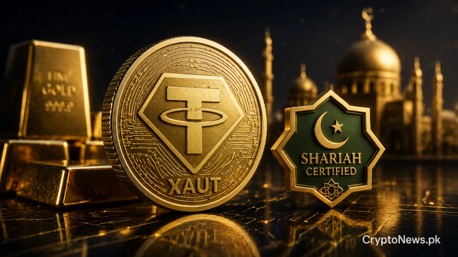 Gold-backed XAUt token in front of a secure bullion vault, symbolizing Tether Gold’s Shariah certification and compliant digital gold ownership.