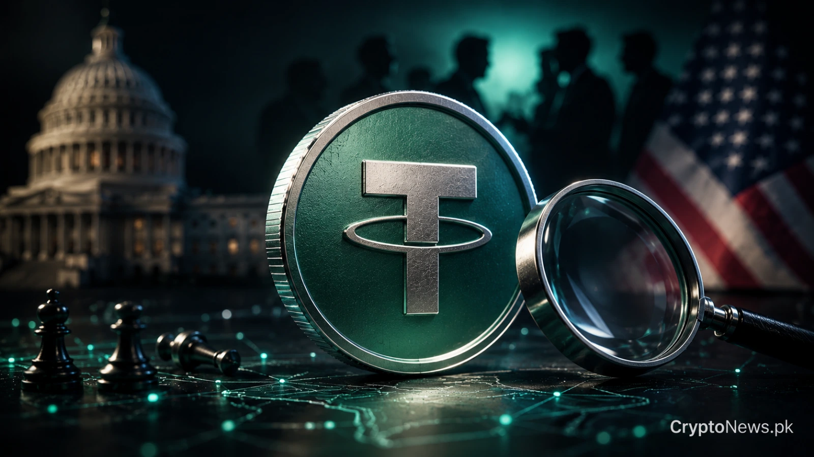 Tether coin under scrutiny beside a magnifying glass, US Capitol and political figures.