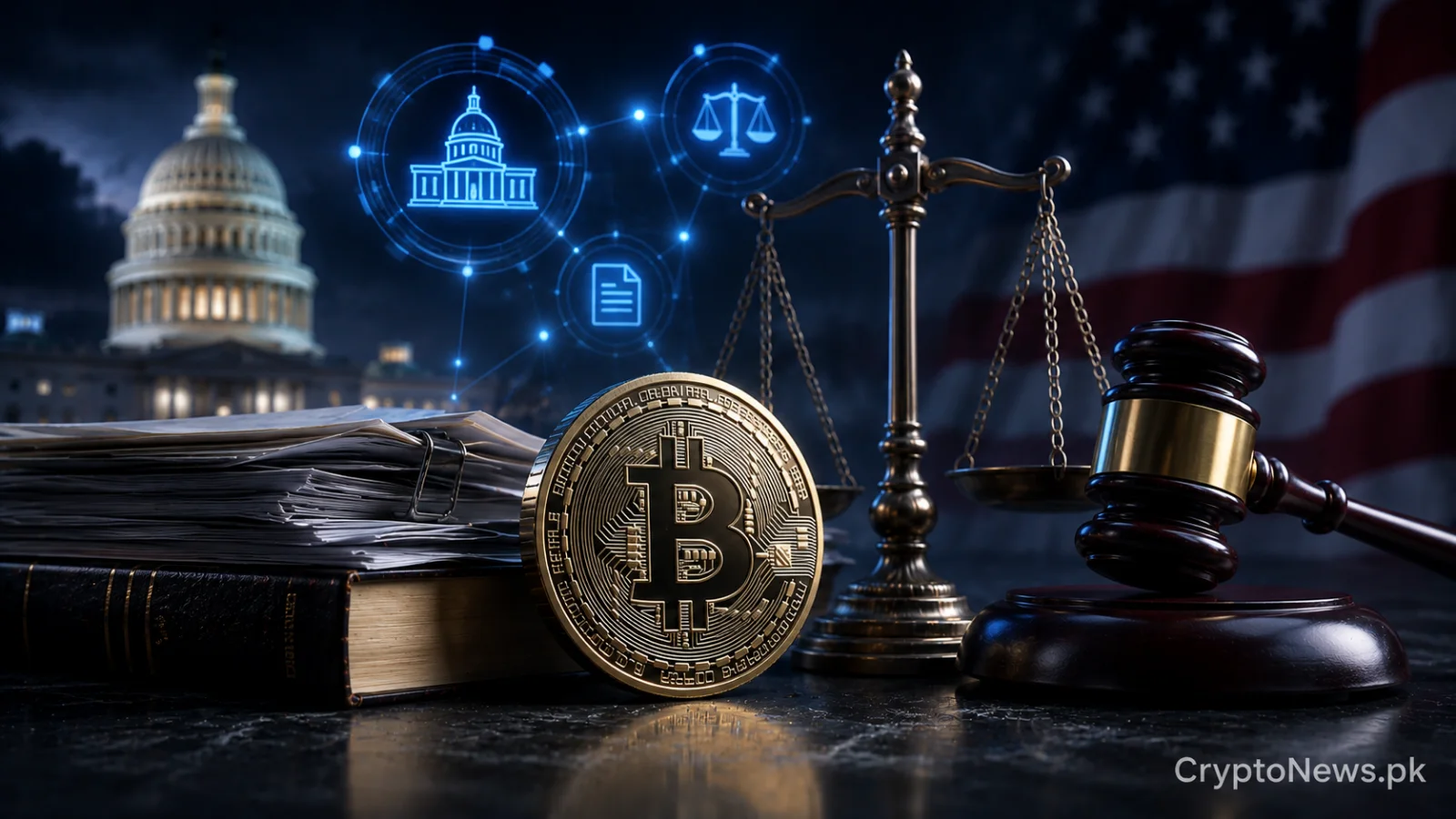 A polished Bitcoin coin balanced beneath a judicial gavel and scales, symbolizing the CLARITY Act ethics dispute and delayed US crypto regulation