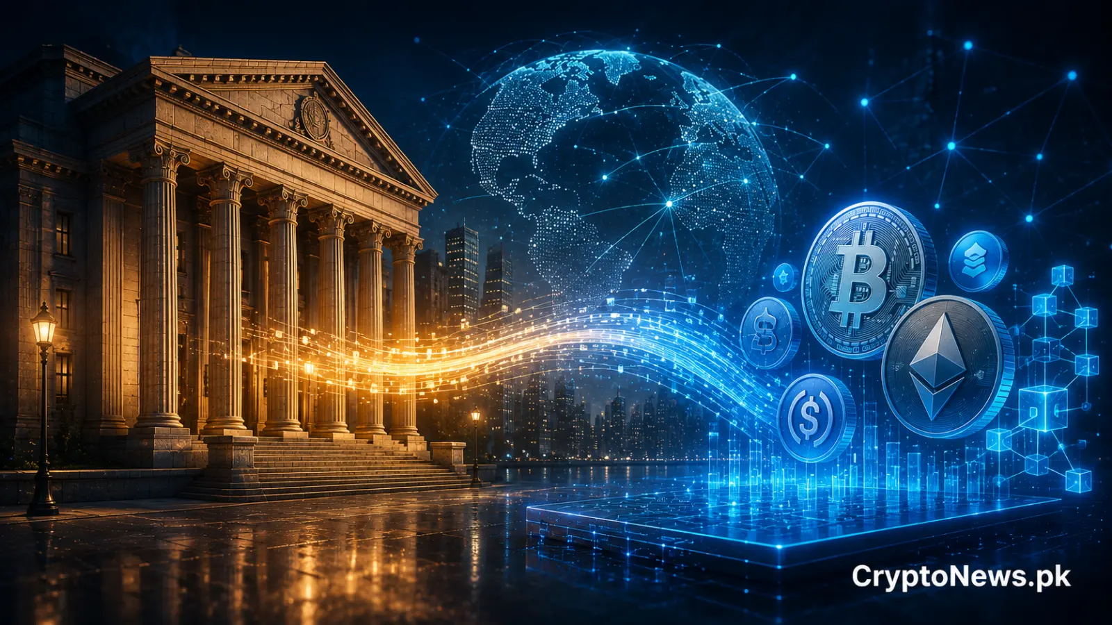 Traditional banking connects with blockchain infrastructure and digital assets as global financial institutions expand crypto custody, tokenization and settlement systems.