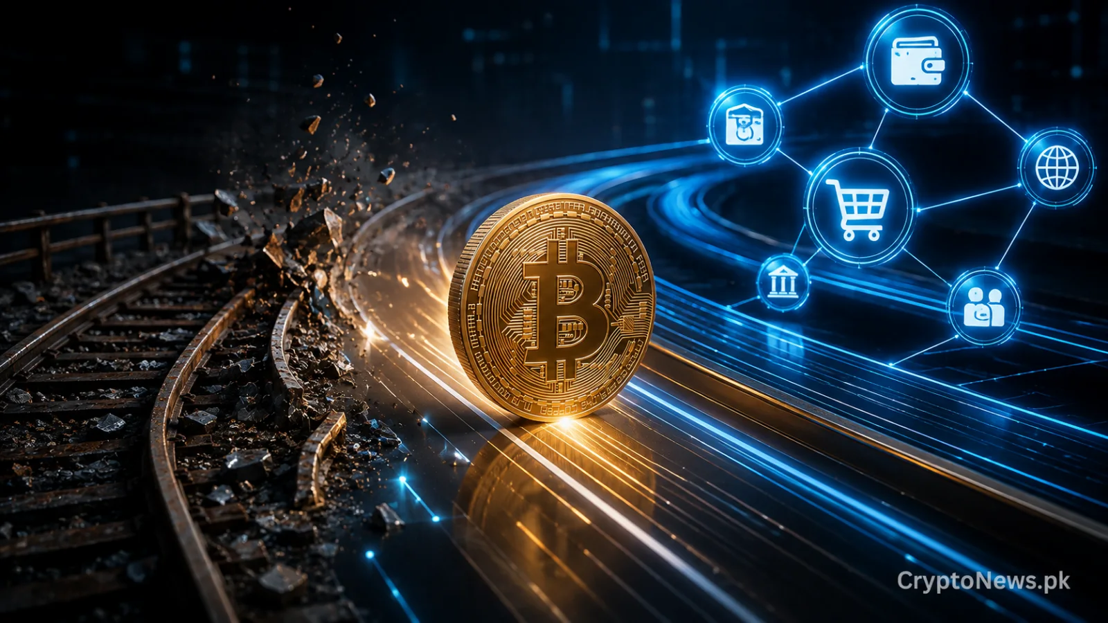 Gold Bitcoin coin moving from broken legacy rails onto a unified digital payment network, symbolizing simpler crypto transactions
