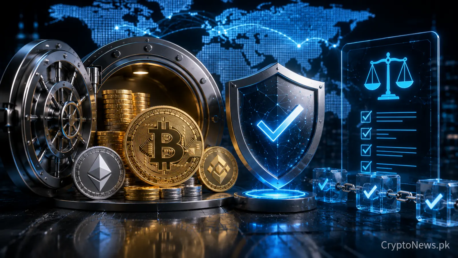 Open crypto reserve vault with major digital assets and verification symbols, illustrating exchange transparency and proof of reserves.