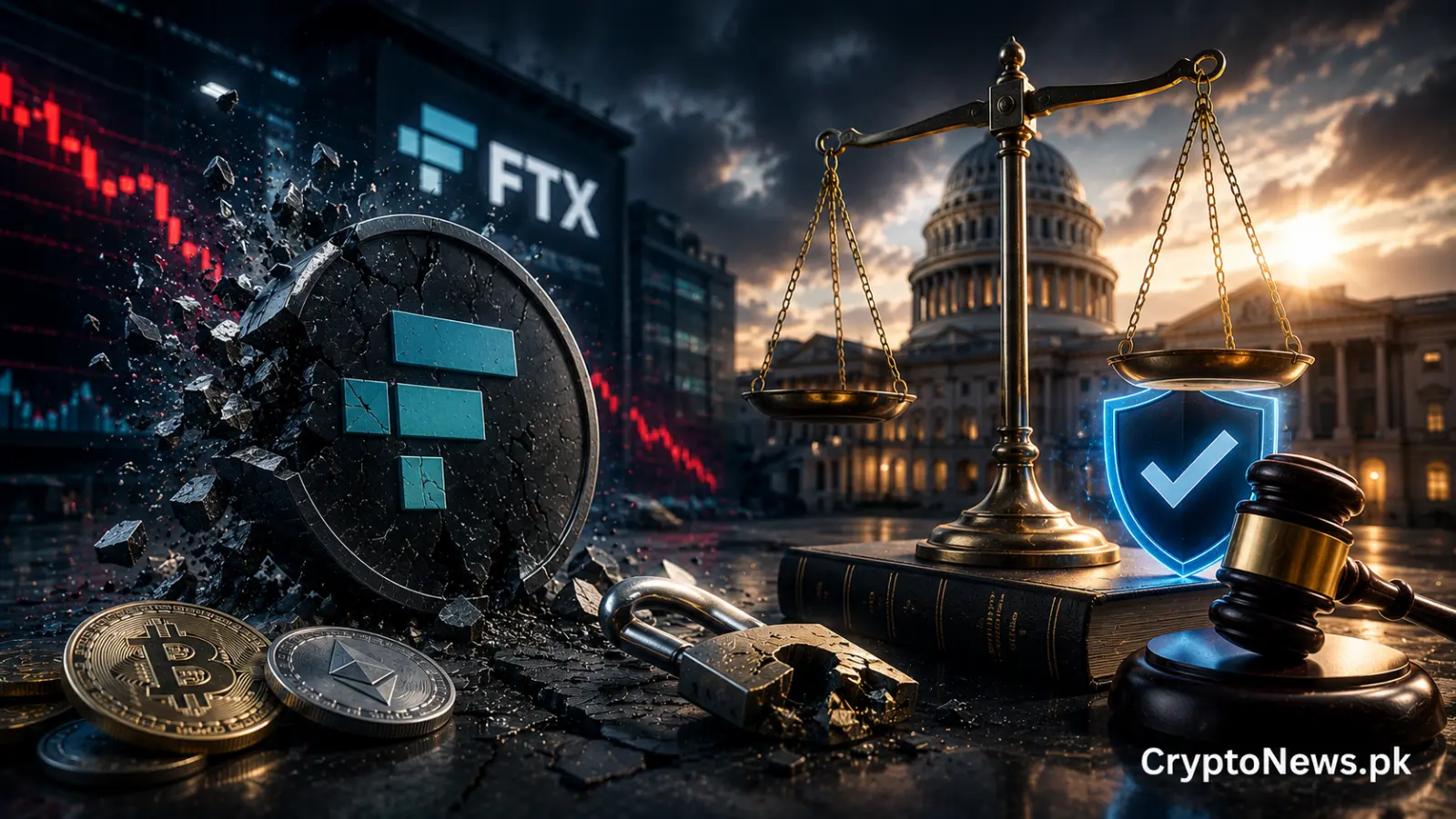 FTX collapse legacy highlights the need for clearer crypto regulation, illustrated by a shattered FTX symbol, crypto assets, justice scales and U.S. legislation.