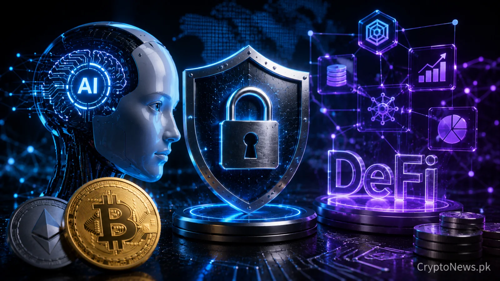 Futuristic AI system facing a secured DeFi network, illustrating emerging cybersecurity risks at the intersection of artificial intelligence and decentralized finance.