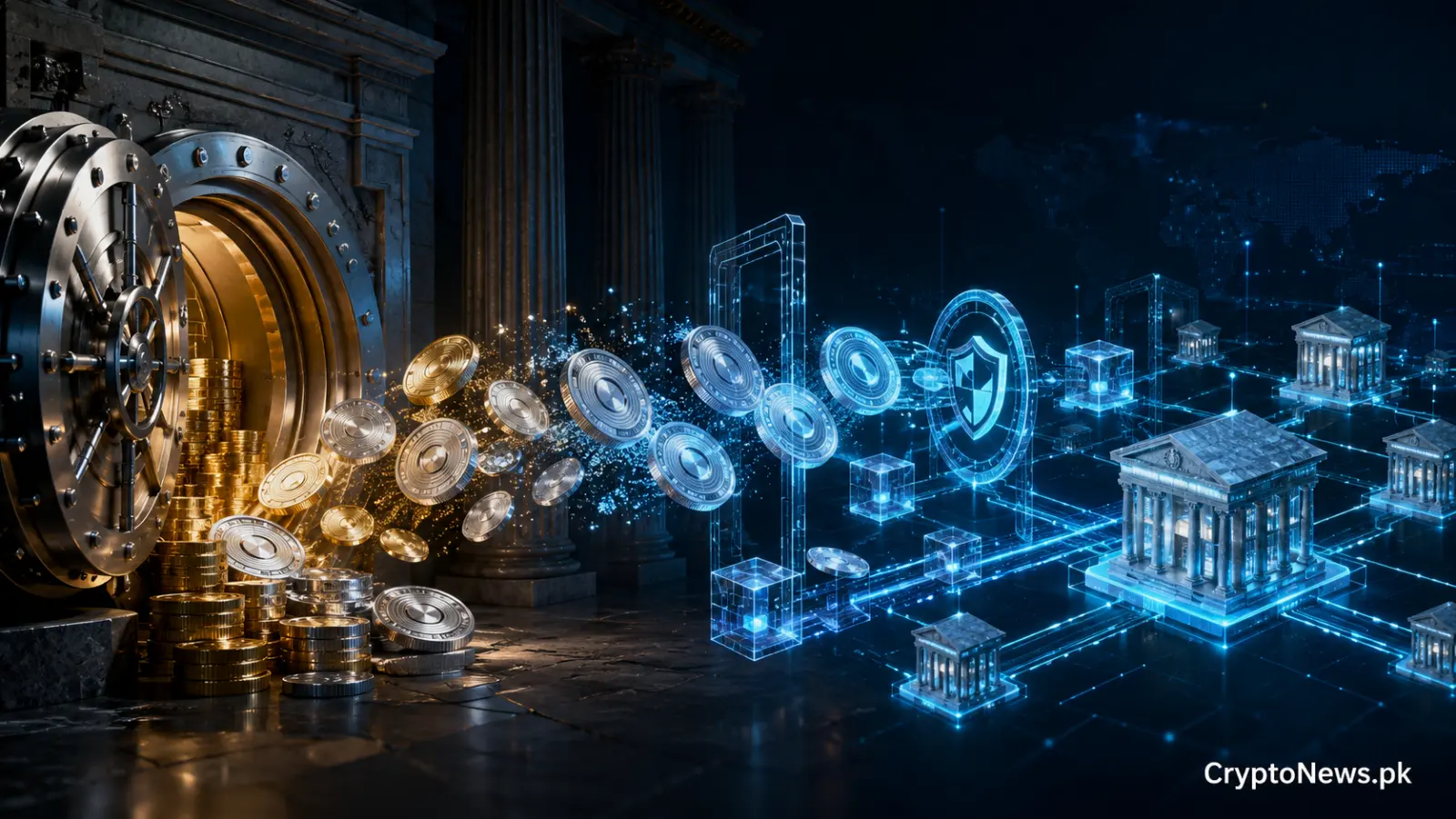 Traditional bank deposits transforming into secure digital tokens across an interconnected blockchain network.