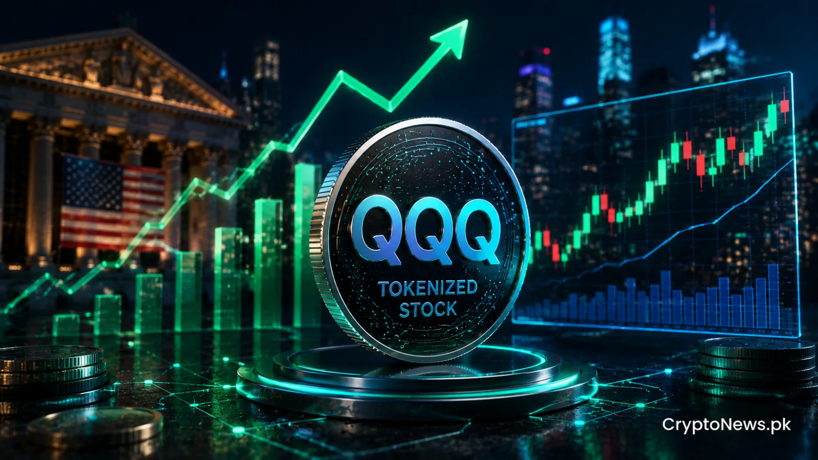 A metallic QQQ-linked token rising above a digital stock exchange as concentrated trading drives tokenized equity volumes higher.