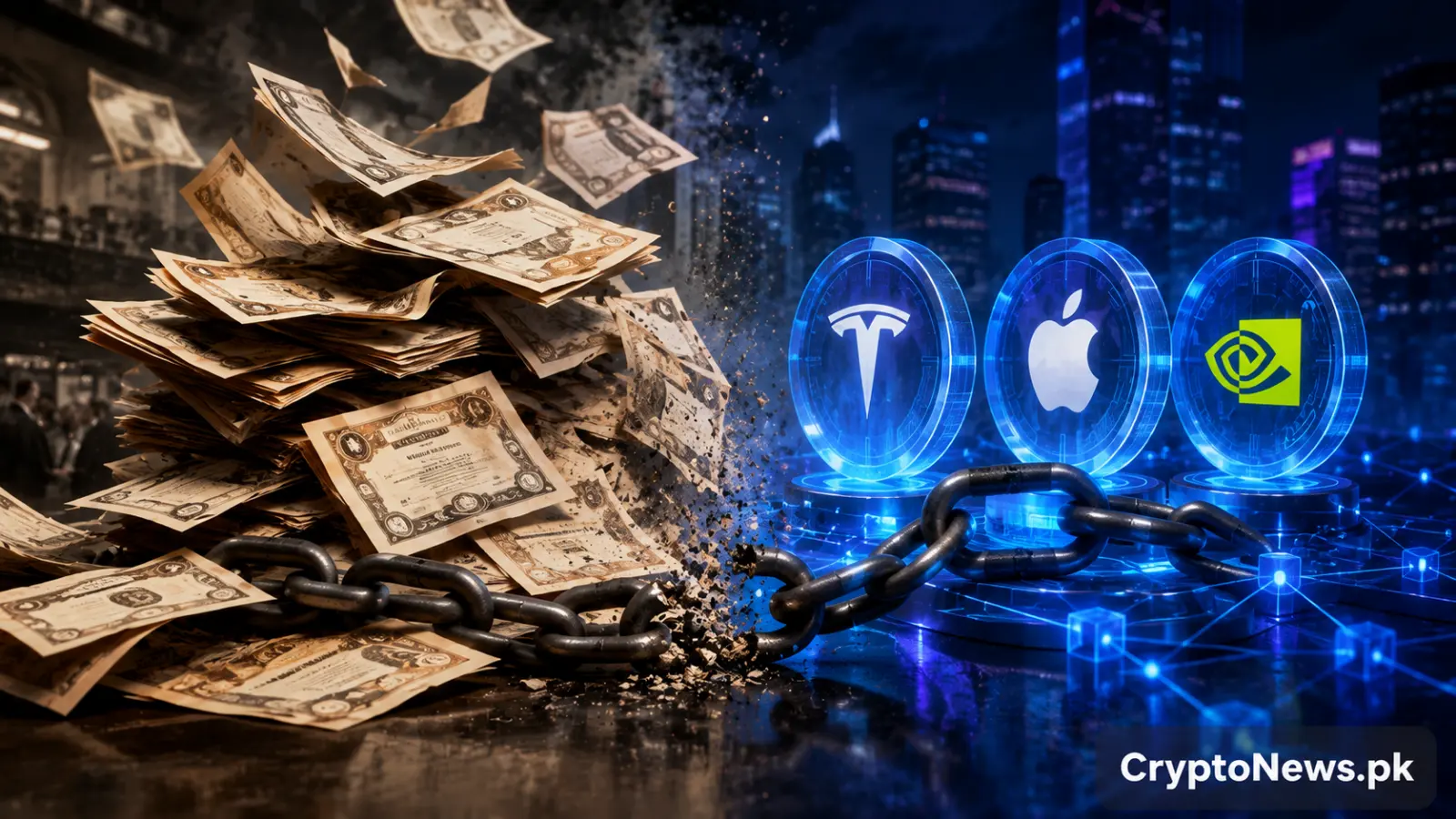 Tokenized stocks shown as digital assets behind an operational barrier, contrasted with piles of old paper stock certificates to illustrate modern settlement hurdles echoing the 1960s paper crisis.