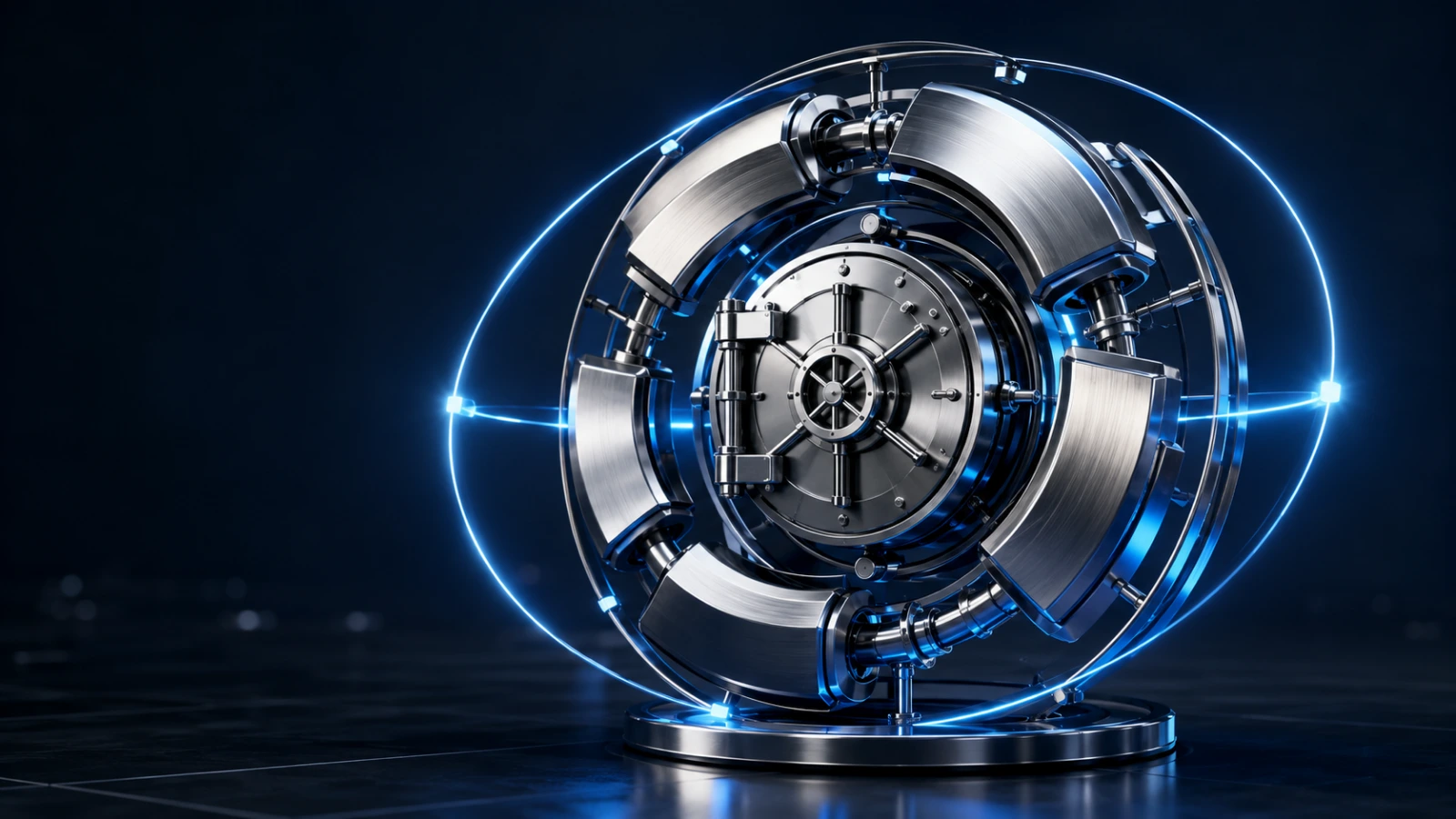 Rotating chrome wallet vault tracked by a blue detection ring amid UK sanctions scrutiny of HTX.
