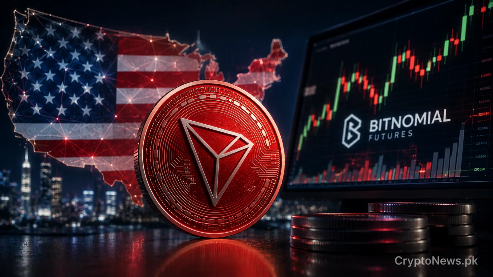 Metallic TRX coin entering a regulated U.S. futures clearing platform, symbolizing TRON’s Bitnomial listing and expanded institutional market access.